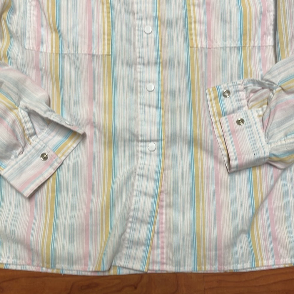 Diane Von Furstenberg VINTAGE PEARL SNAP STRIPED Button Up size 12 made in Italy - Picture 3 of 6